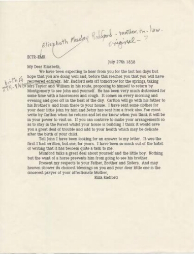 Letter from Elizabeth M. Radford to Elizabeth C.T. Radford