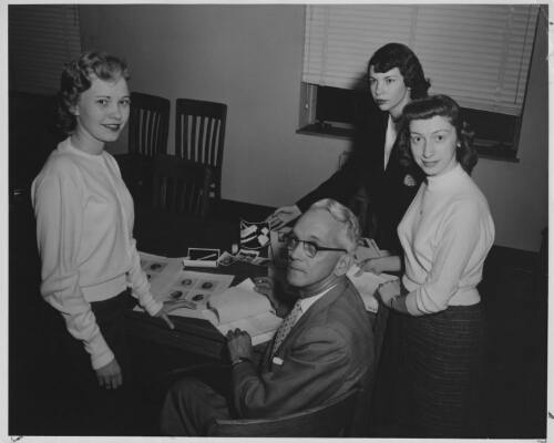 4.4.2: 1958 Beehive Staff and Beehive publisher - Bobbie Butler, Gerald Cannady of Stone Printing, Virginia Clingenpeel, Sue Ellen Henderson(from the 1958 Beehive)