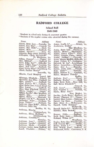 Radford College Woman's Division of Virginia Polytechnic Institute College Bulletin Graduation/Student Roster List 1948-1949