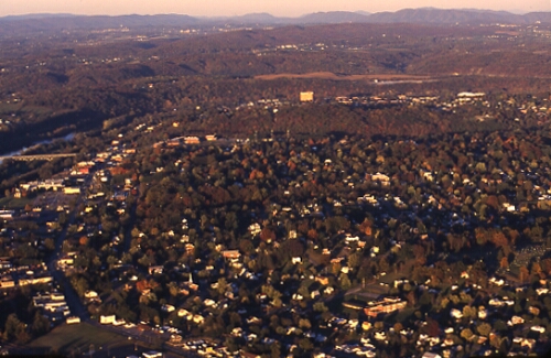 Aerial photograph of Radford University campus and surrounding region, Fall 1995.