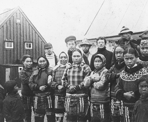 Eskimo Girls and Part of Crew of Steamship Eric at Upernavik, Greenland