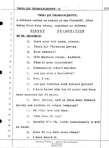 3.9 Testimony of Thora Joe Thompson Jervey in the case Jervey vs. Martin on February 23, 1972