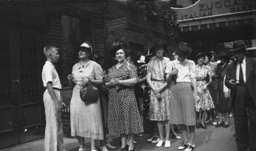 7.1.13: "Waiting for Dr. Moffett to find out about the Italian Dinner - Starting out to see New Yori. August 21, 1939, 49th Street." from the back of the photo.
