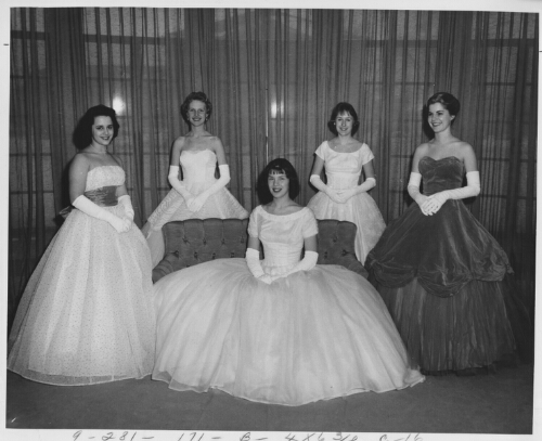 4.8.4: Freshman May Court, 1960. Kathy Weiss, Karen Shaffer, Brenda Cheek, Nancy Clark, Julie McLellon (left-right)
