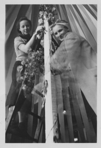 3.22.3-1: Decorating Gym for May Day Dance, 1938. Clara Growgey and Alice Wimmer