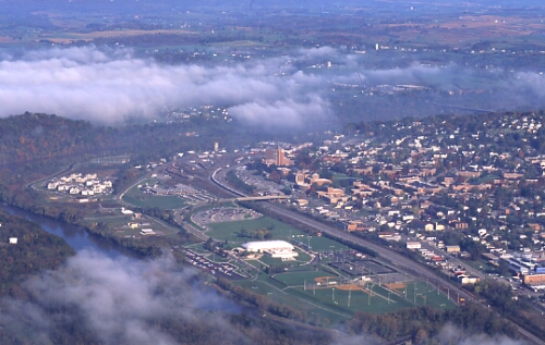 Aerial photograph of Radford University campus and surrounding region, fall 1995.