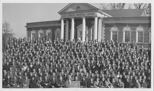 1.26.7: Students in front of McConnell Library, March 7, 1938