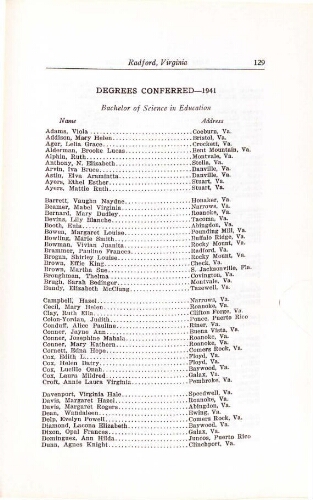  Radford State Teachers College Bulletin Graduation/Student Roster List  1941-1942