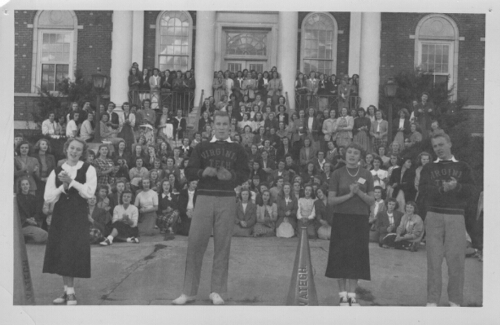 Virginia Tech cheerleaders  in front of McConnell Library, 1949