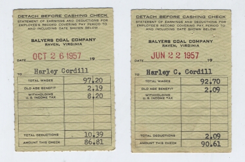 Harley Cordle coal mining pay stubs from 1957