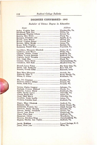  Radford State Teachers College Bulletin Graduation/Student Roster List Summer 1943