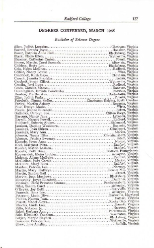  Radford College Bulletin Graduation/Student Roster List 1965 Degrees Granted