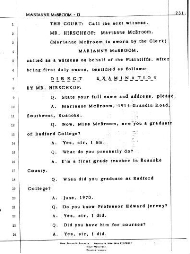 2.10 Testimony of Marianne McBroom in the case of Jervey vs. Martin on February 22, 1972