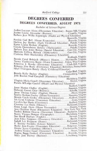  Radford College Bulletin Graduation/Student Roster List 1971-1972