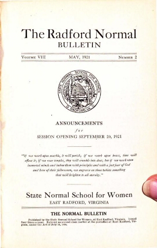  Radford Normal Bulletin Graduation/Student Roster List 1920-1921