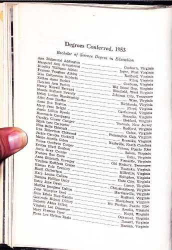  Radford College Woman's Division of Virginia Polytechnic Institute College Bulletin Graduation/Student Roster List 1953-1954