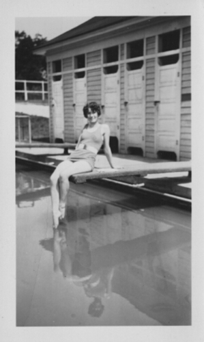 Posed photo for "Virginia Goes to College" promotional flyer. Fall 1929. Outdoor swimming pool on Radford College campus.