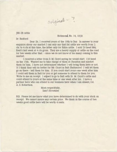 Letter from Samuel Brownlee to Dr John B Raford
