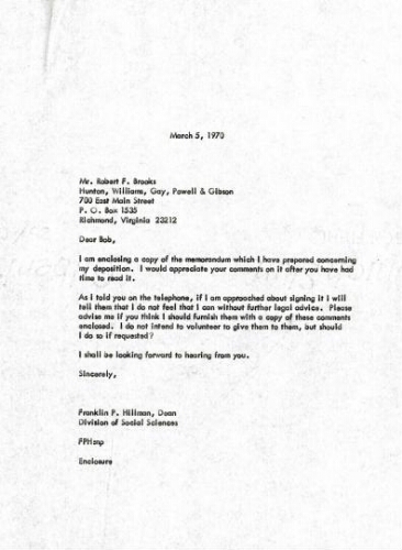 Correspondence 1970-03-05 between Franklin P. Hillman to Robert F. Brooks.
