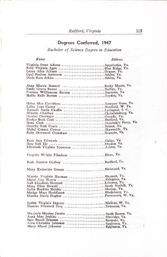  Radford College Woman's Division of Virginia Polytechnic Institute College Bulletin Graduation/Student Roster List 1947-1948