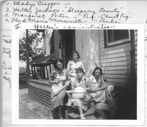 Photo of Home Management Cottage students outside of the Cottage, June 1932.