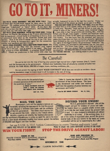 Go To It - Miners! broadside supporting John L. Lewis and the United Mine Workers of America during the 1946 bituminous coal strike in West Virginia, Virginia, and Kentucky