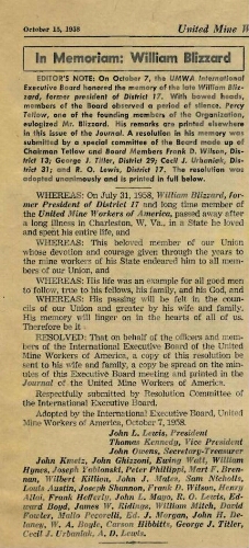 In Memoriam: William Blizzard, resolution honoring Blizzard passed by the UMWA International Executive Board on October 7, 1958. Printed in the United Mine Workers Journal, October 15, 1958
