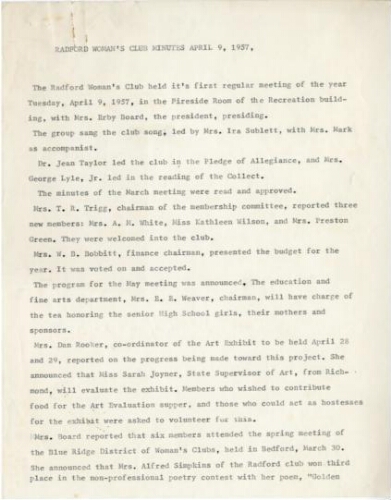 Radford Woman's Club Minutes, April 9, 1957