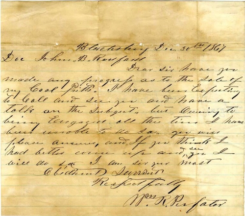 To Dr. Radford from W.M Perfater on sale of coal