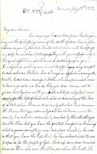 Condolence letter to Elizabeth Radford on the death of her husband, possibly  from E. Vairge (illegible).