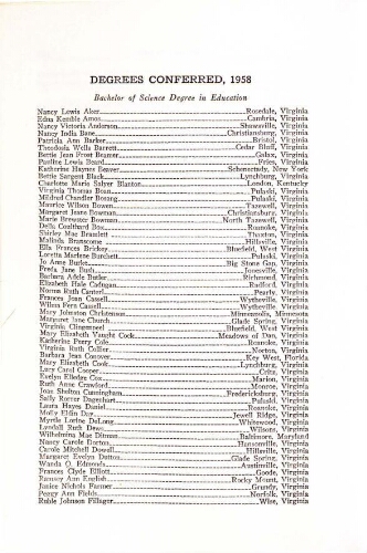  Radford College Woman's Division of Virginia Polytechnic Institute College Bulletin Graduation/Student Roster List 1958-1959