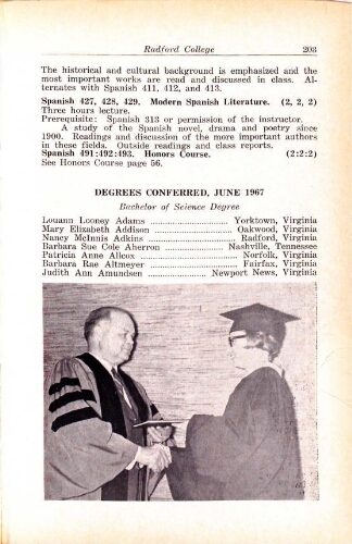  Radford College Bulletin Graduation/Student Roster List 1967-1968
