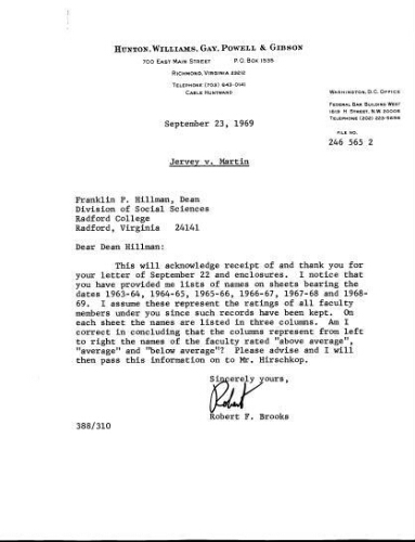 Correspondence 1969-09-23 from Robert F. Brooks to Franklin P. Hillman.