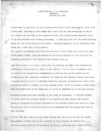 Astronomy, Assembly speech by Dr. John Preston McConnell, October 18, 1933.
