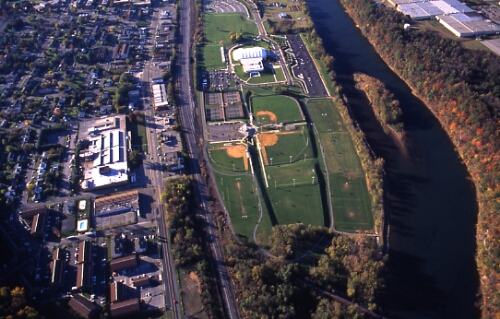 Aerial photograph of Dedmon Center and new River, Fall 1995.