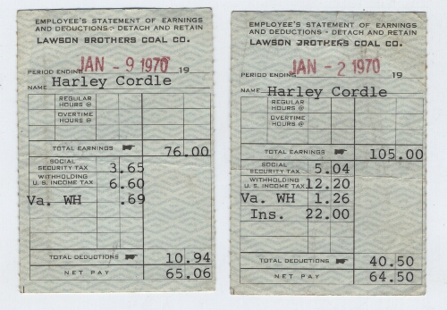 Harley Cordle coal mining pay stubs from 1970