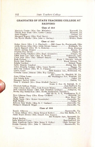 Radford State Teachers College Bulletin Graduation/Student Roster List 1926-1927
