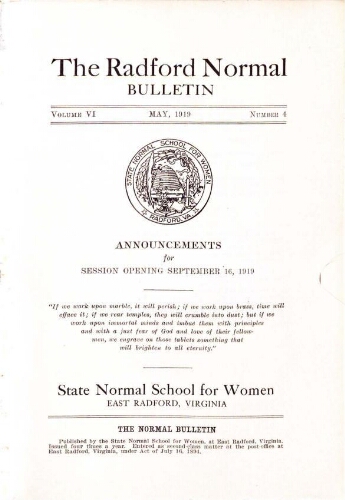 Radford Normal Bulletin Graduation/Student Roster List 1918-1919