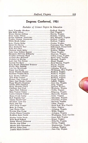  Radford College Woman's Division of Virginia Polytechnic Institute College Bulletin Graduation/Student Roster List 1951-1952