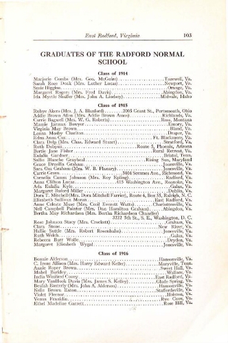 Radford State Teachers College Bulletin Graduation/Student Roster List 1922-1923