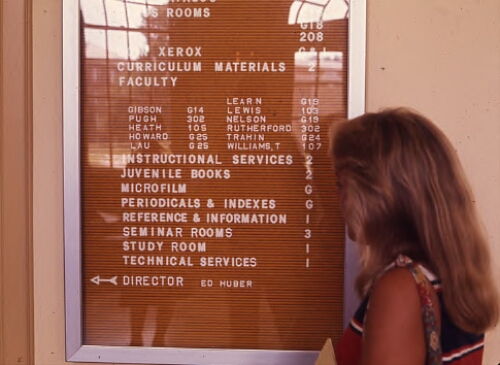 Student looking at McConnell Library Directory, c. 1970s-80s