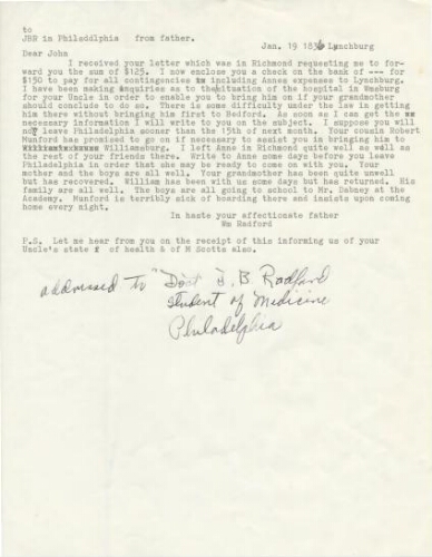 Letter from William Radford II to Dr John Blair Radford