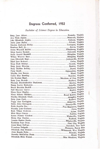  Radford College Woman's Division of Virginia Polytechnic Institute College Bulletin Graduation/Student Roster List 1952-1953