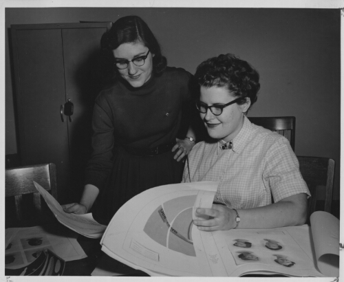 4.4.4: 1958 Beehive Staff members - Pat LaPrade, Grace Hill (from the 1958 Beehive)