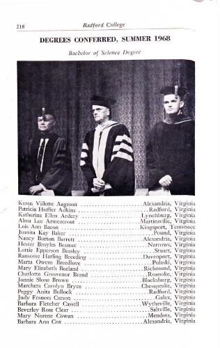  Radford College Bulletin Graduation/Student Roster List 1968-1969
