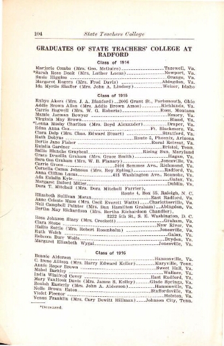 Radford State Teachers College Bulletin Graduation/Student Roster List 1923-1924