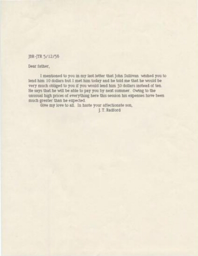 Letter from John T Radford to his father John B Radford
