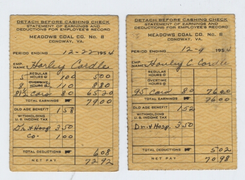 Harley Cordle coal mining pay stubs from 1954