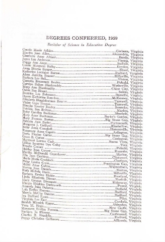  Radford College Woman's Division of Virginia Polytechnic Institute College Bulletin Graduation/Student Roster List 1959-1960