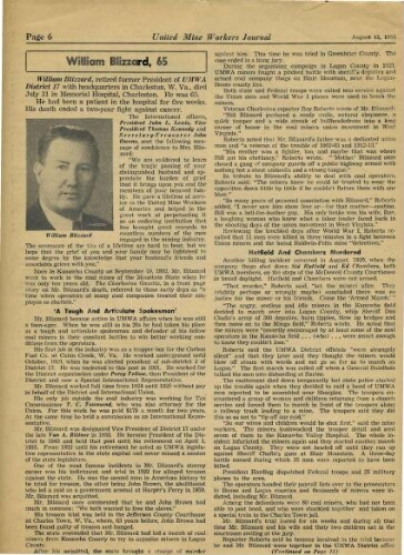 Obiturary of and memorial to Bill Blizzard, United Mine Workers Journal, August 15, 1958.